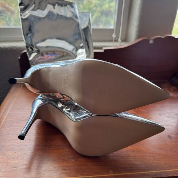 Arqa Knee Silver Metallic High Boots Women Wide Calf Stiletto Heel Zipper 8.5 39 - Picture 11 of 13